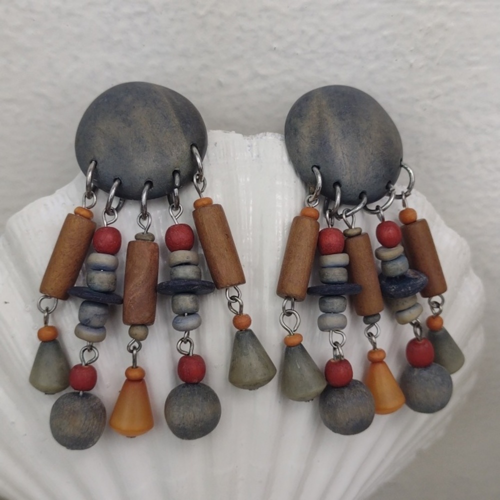 Earthy Boho Multicolor Wood Silver Hardware Bead Fringe  Drop Post Earrings